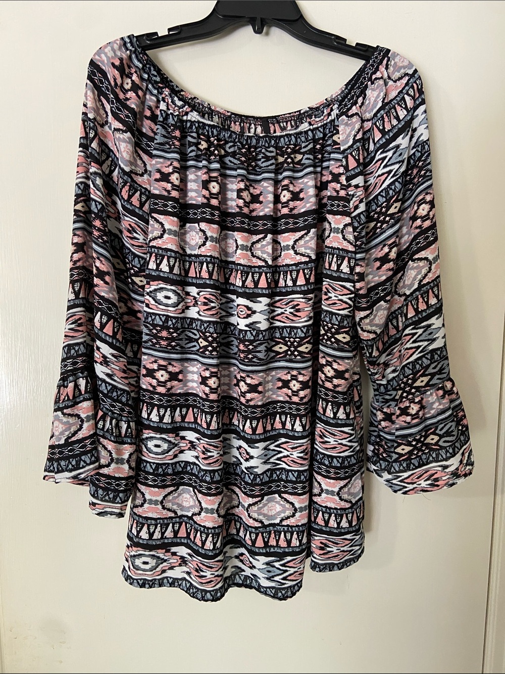 Boho Off-Shoulder Tunic Top in Pink and Black